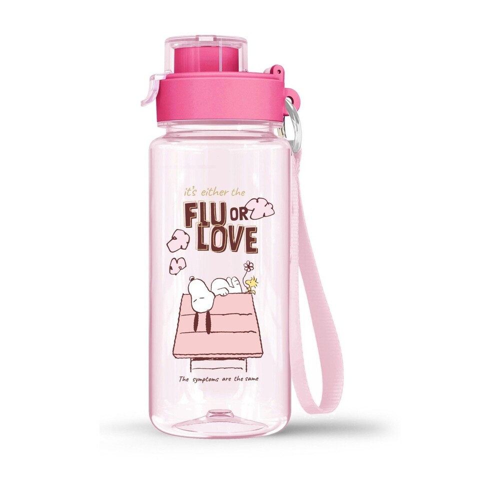 MINISO Snoopy Collection Pink Plastic Bottle with Strap (640ml) - "Flu or Love"